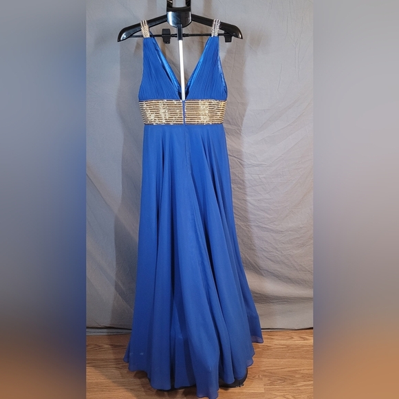 Elegant Blue Evening Gown with Gold Beading by Scala - Picture 5 of 16